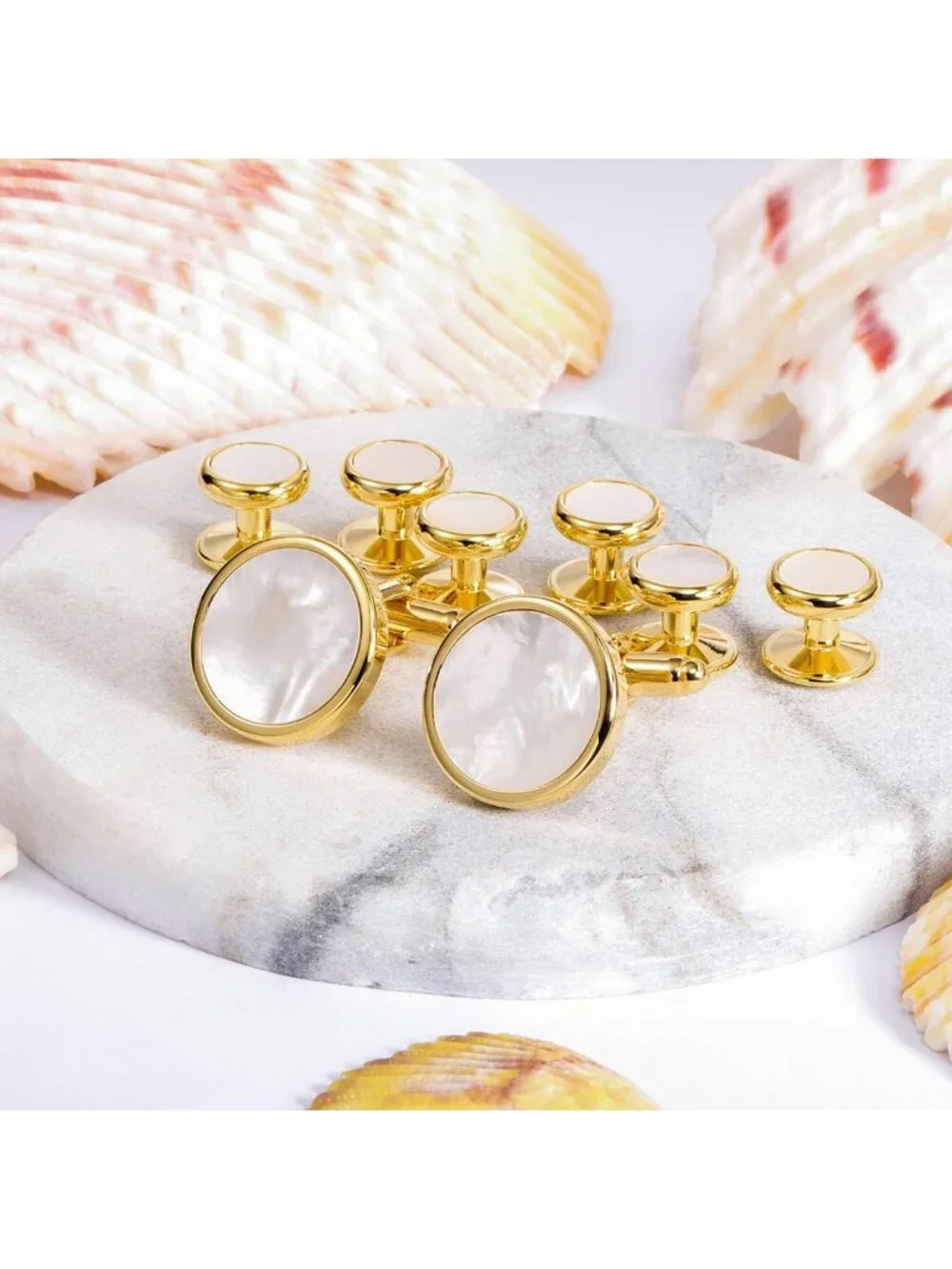Elegant Mother-of-Pearl Tuxedo Shirt Button & Cufflink Set for Weddings & Events